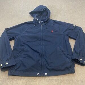 Polo Ralph Lauren Jacket Mens Medium Navy Blue Hooded Full Zip Windbreaker Coat